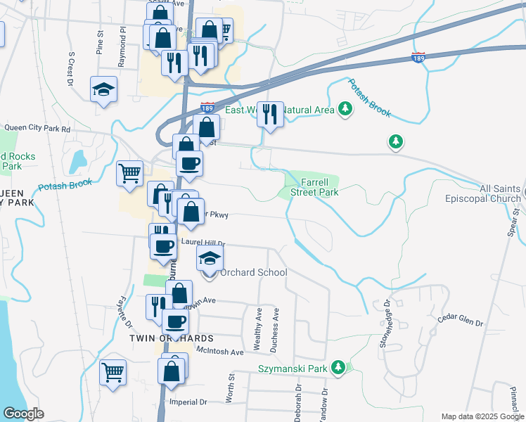 map of restaurants, bars, coffee shops, grocery stores, and more near 30 Brewer Pkwy in South Burlington