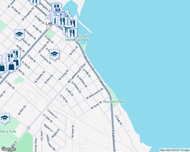 map of restaurants, bars, coffee shops, grocery stores, and more near 802 South Lakeshore Drive in Lake City