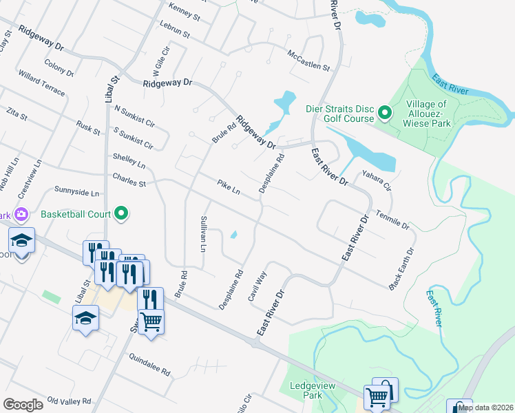 map of restaurants, bars, coffee shops, grocery stores, and more near 728 Desplaine Road in De Pere