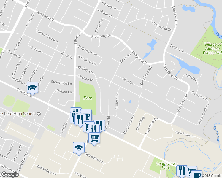 map of restaurants, bars, coffee shops, grocery stores, and more near 119 Brule Road in De Pere