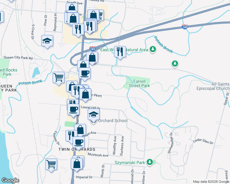 map of restaurants, bars, coffee shops, grocery stores, and more near 30 Brewer Parkway in South Burlington