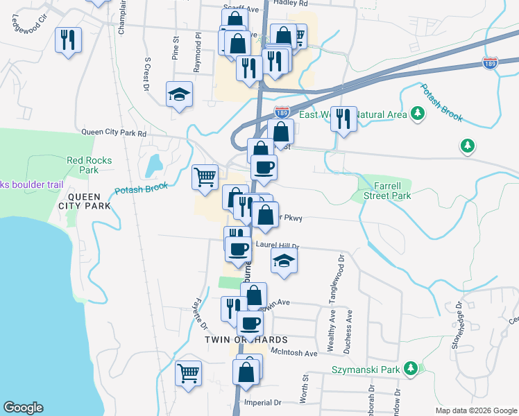 map of restaurants, bars, coffee shops, grocery stores, and more near 930 Shelburne Road in South Burlington