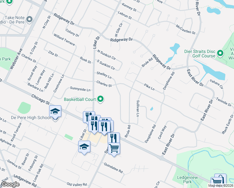 map of restaurants, bars, coffee shops, grocery stores, and more near 1838 Charles Street in De Pere