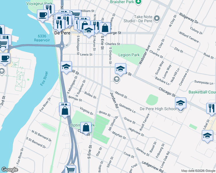 map of restaurants, bars, coffee shops, grocery stores, and more near 434 South Washington Street in De Pere