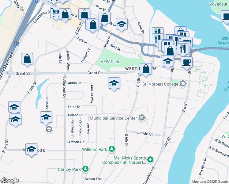 map of restaurants, bars, coffee shops, grocery stores, and more near 665 Grant Street in De Pere