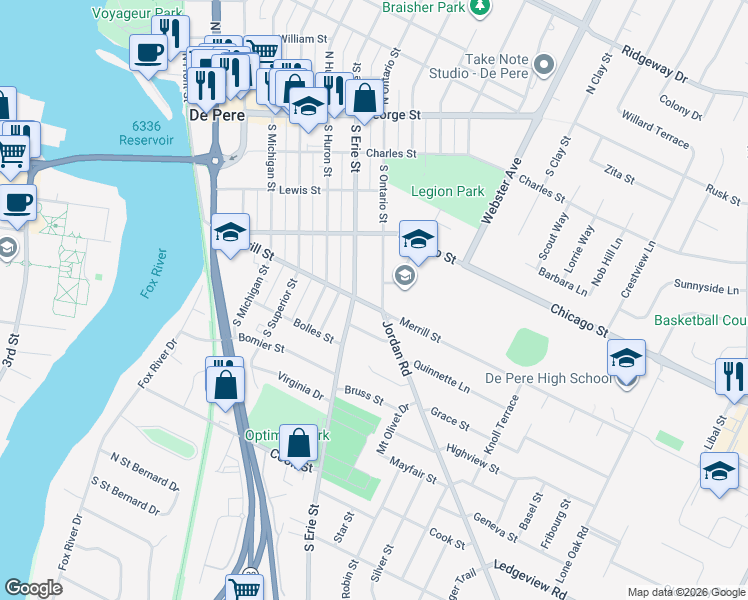 map of restaurants, bars, coffee shops, grocery stores, and more near 434 South Washington Street in De Pere