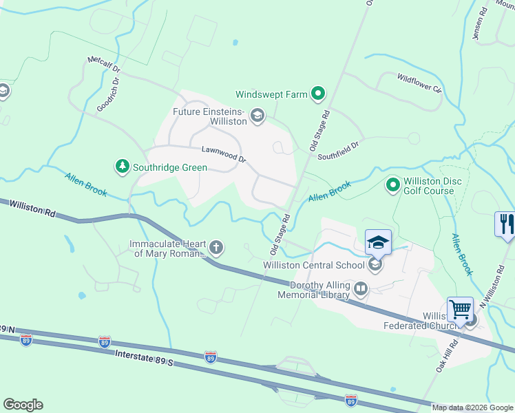 map of restaurants, bars, coffee shops, grocery stores, and more near 115 Brookside Drive in Williston