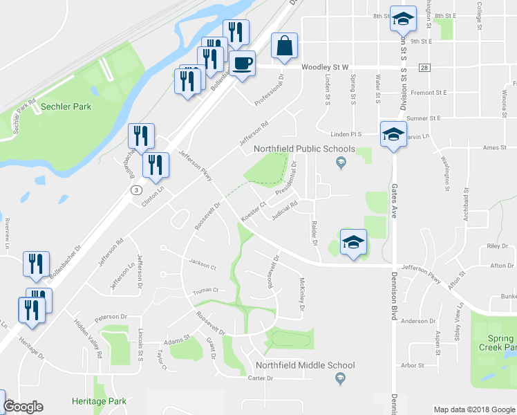 map of restaurants, bars, coffee shops, grocery stores, and more near 777 Koester Court in Northfield