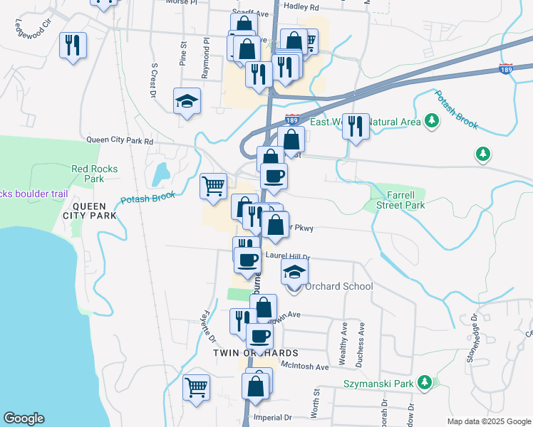 map of restaurants, bars, coffee shops, grocery stores, and more near 930 Shelburne Road in South Burlington