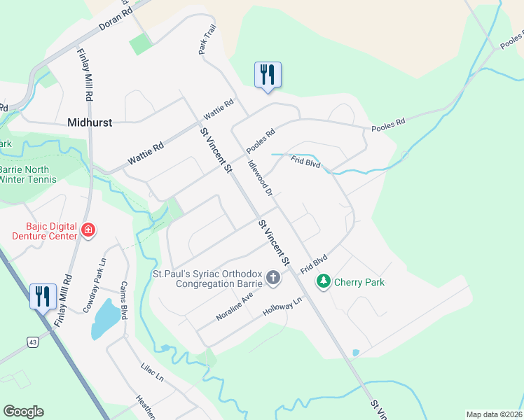 map of restaurants, bars, coffee shops, grocery stores, and more near 56 Idlewood Drive in Midhurst