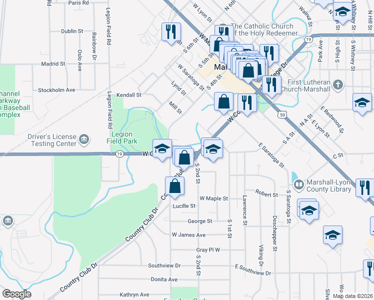 map of restaurants, bars, coffee shops, grocery stores, and more near 310 West College Drive in Marshall