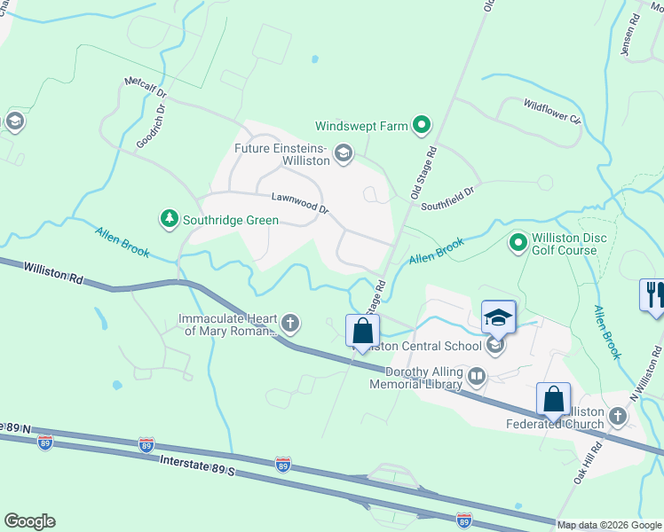 map of restaurants, bars, coffee shops, grocery stores, and more near 115 Brookside Drive in Williston