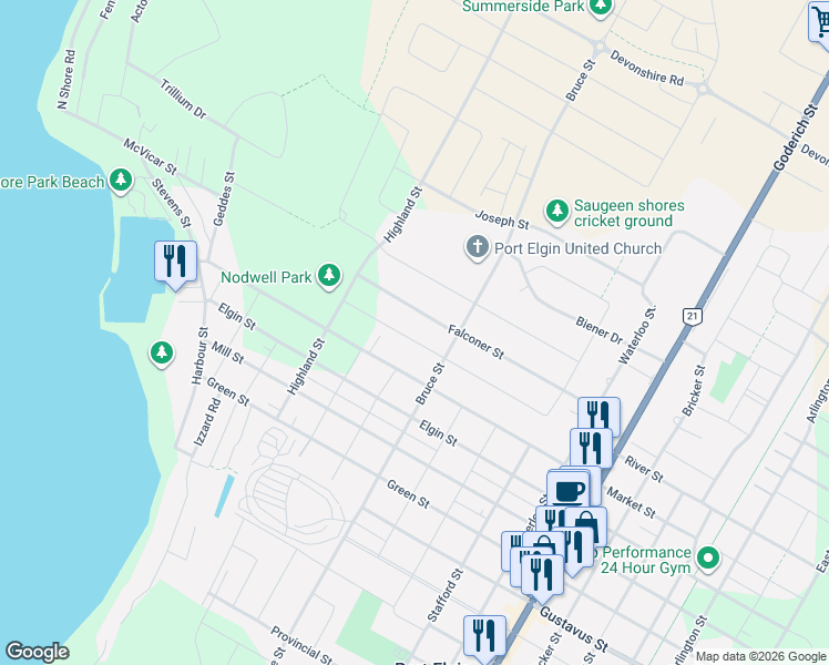 map of restaurants, bars, coffee shops, grocery stores, and more near 367 Crawford Street in Port Elgin