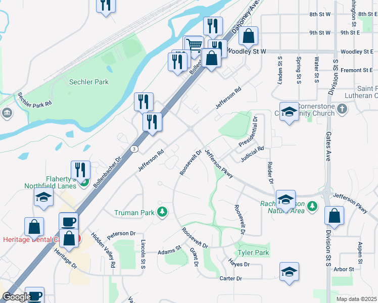 map of restaurants, bars, coffee shops, grocery stores, and more near 1548 Roosevelt Drive in Northfield