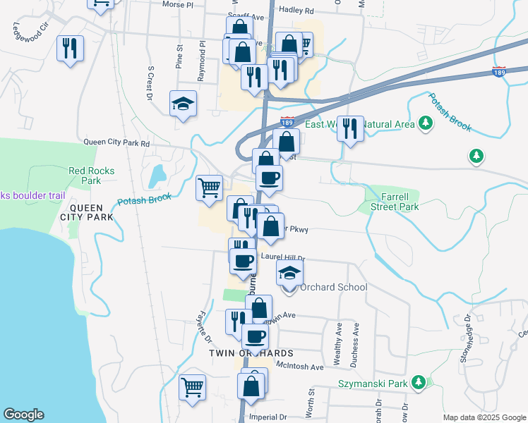 map of restaurants, bars, coffee shops, grocery stores, and more near 930 Shelburne Road in South Burlington