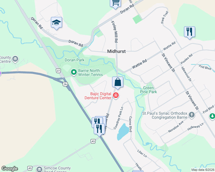 map of restaurants, bars, coffee shops, grocery stores, and more near 42 Finlay Mill Road in Midhurst