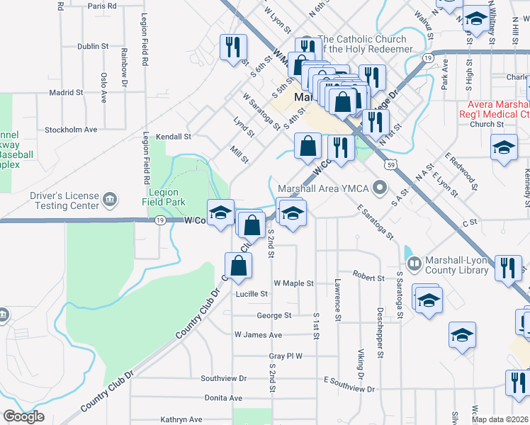map of restaurants, bars, coffee shops, grocery stores, and more near 310 West College Drive in Marshall