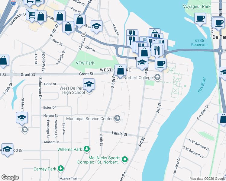 map of restaurants, bars, coffee shops, grocery stores, and more near 515 S 6th St in De Pere