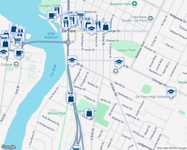 map of restaurants, bars, coffee shops, grocery stores, and more near 608 South Huron Street in De Pere