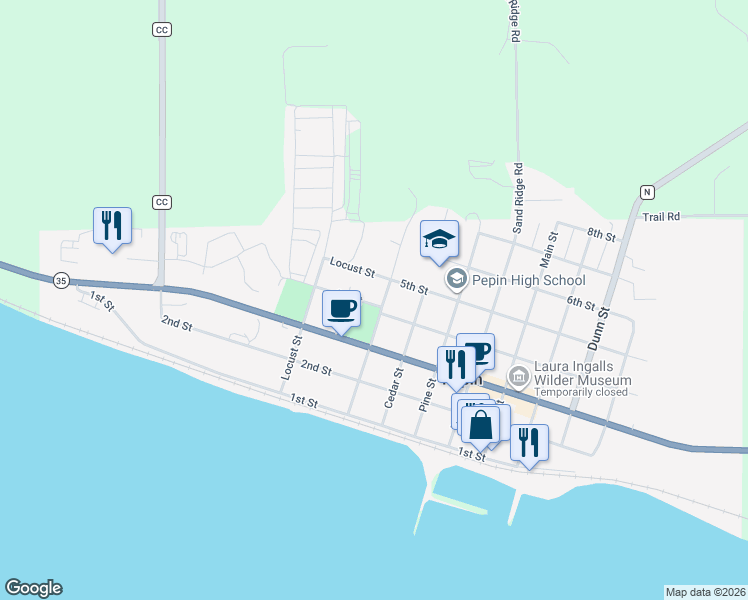 map of restaurants, bars, coffee shops, grocery stores, and more near 710 4th Street in Pepin