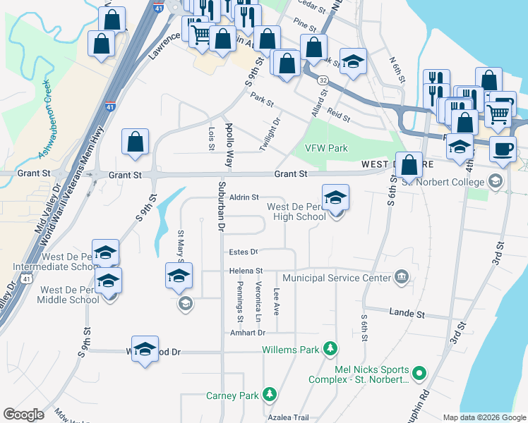map of restaurants, bars, coffee shops, grocery stores, and more near 986 Saint Anthony Drive in De Pere