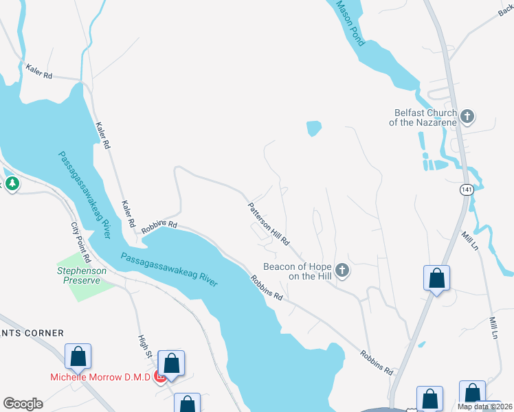 map of restaurants, bars, coffee shops, grocery stores, and more near 65 Patterson Hill Road in Belfast
