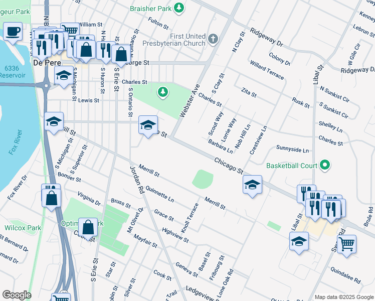 map of restaurants, bars, coffee shops, grocery stores, and more near 1462 Chicago Street in De Pere