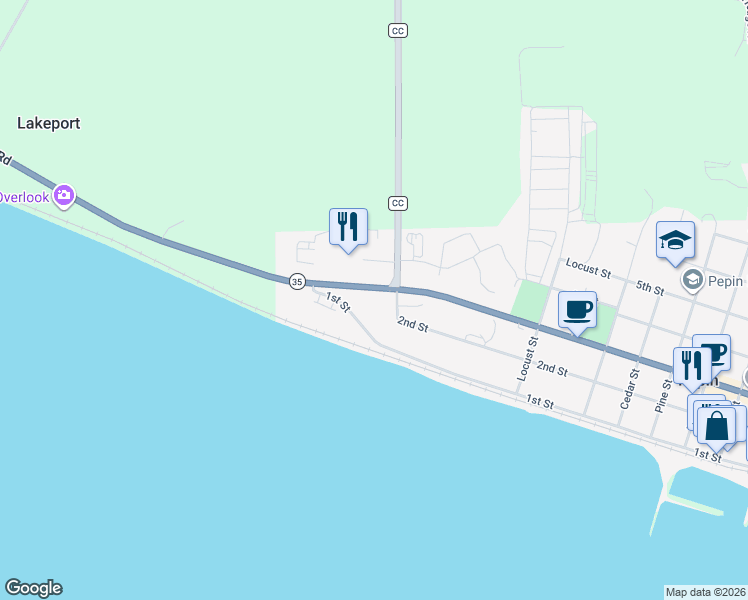 map of restaurants, bars, coffee shops, grocery stores, and more near 1403 2nd Street in Pepin