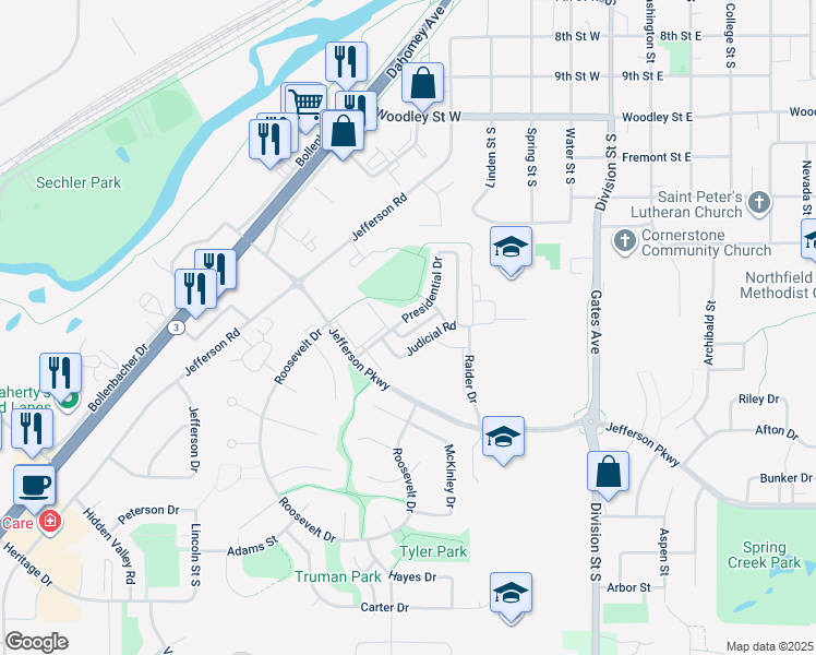 map of restaurants, bars, coffee shops, grocery stores, and more near 1514 Senate Lane in Northfield