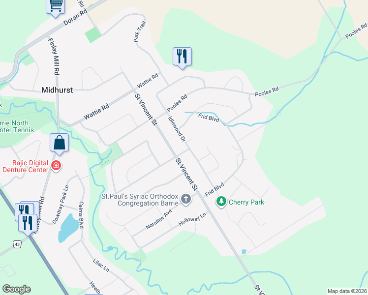 map of restaurants, bars, coffee shops, grocery stores, and more near 56 Idlewood Drive in Midhurst