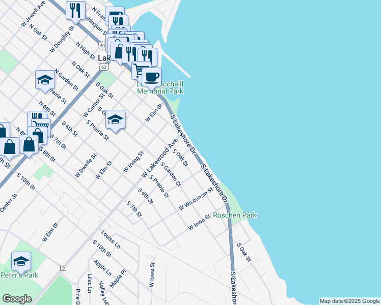 map of restaurants, bars, coffee shops, grocery stores, and more near 802 South Lakeshore Drive in Lake City