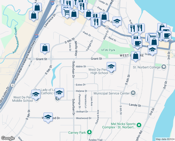 map of restaurants, bars, coffee shops, grocery stores, and more near 986 Saint Anthony Drive in De Pere