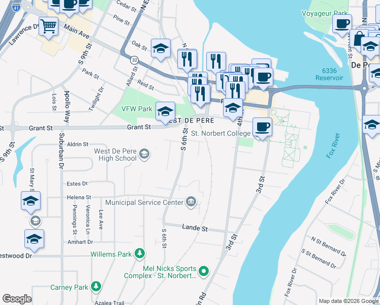 map of restaurants, bars, coffee shops, grocery stores, and more near 515 South 6th Street in De Pere