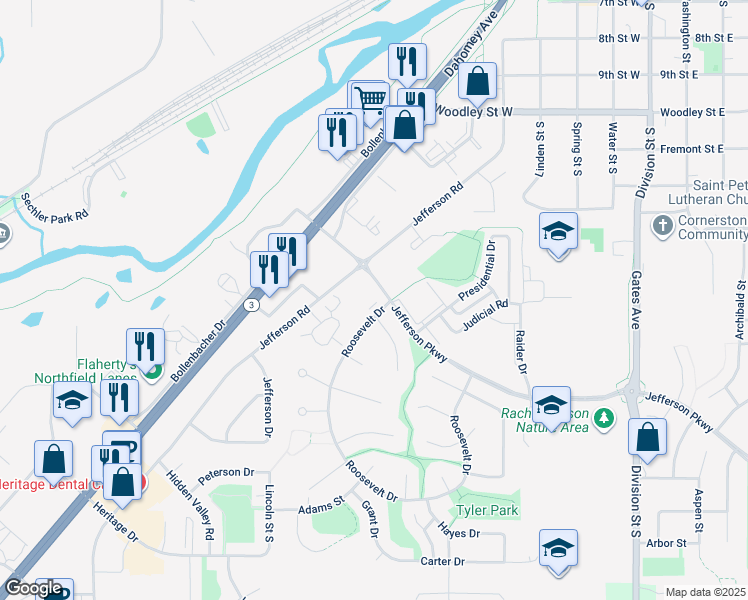 map of restaurants, bars, coffee shops, grocery stores, and more near 1548 Roosevelt Drive in Northfield