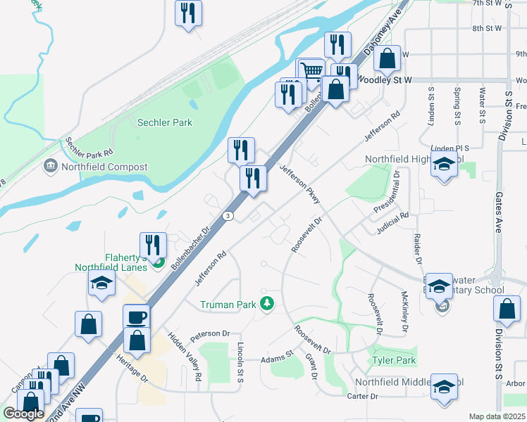 map of restaurants, bars, coffee shops, grocery stores, and more near 1501 Clinton Lane in Northfield