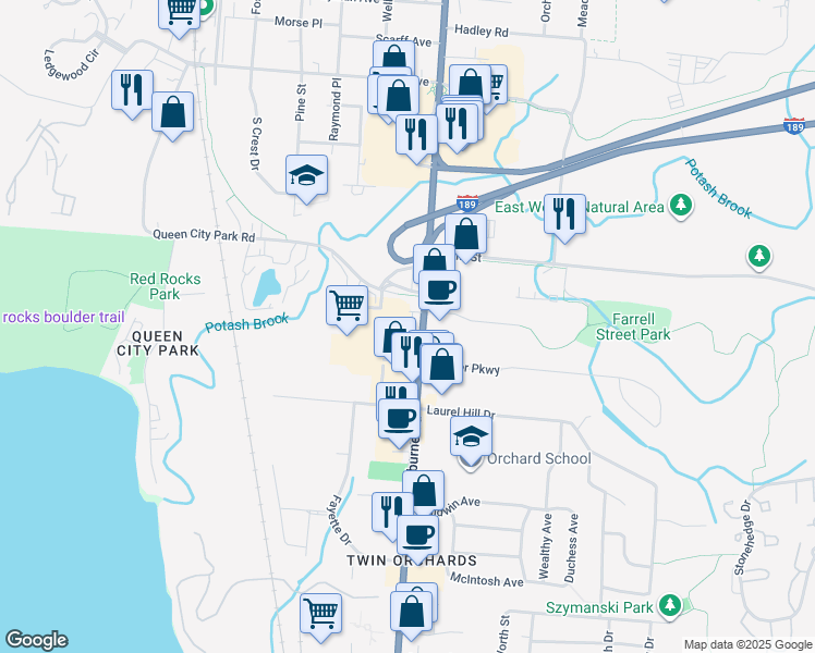 map of restaurants, bars, coffee shops, grocery stores, and more near 919 Shelburne Road in South Burlington