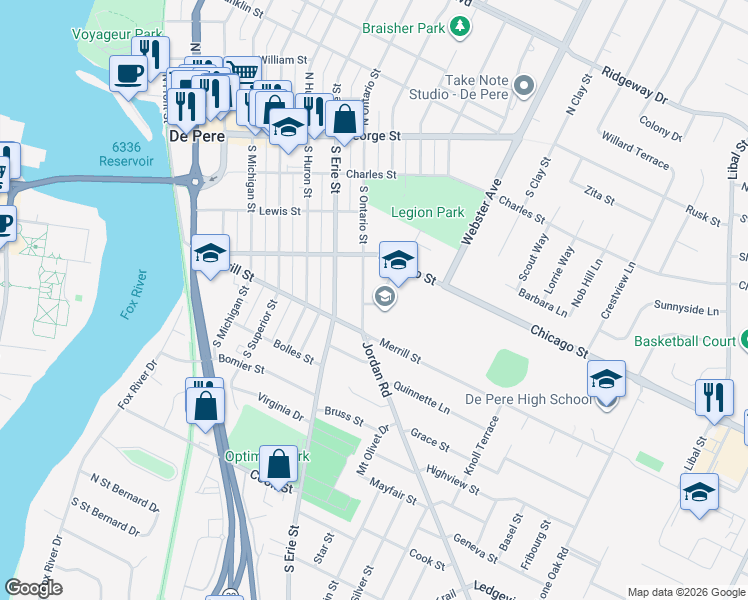 map of restaurants, bars, coffee shops, grocery stores, and more near 434 South Washington Street in De Pere