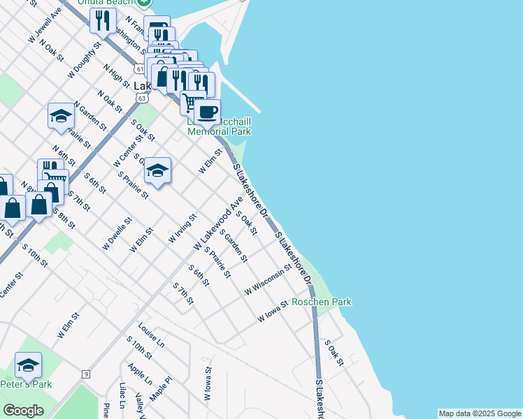 map of restaurants, bars, coffee shops, grocery stores, and more near 801 South Lakeshore Drive in Lake City