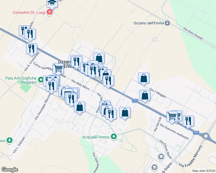 map of restaurants, bars, coffee shops, grocery stores, and more near Via Sant'Andrea in Ozzano dell'Emilia