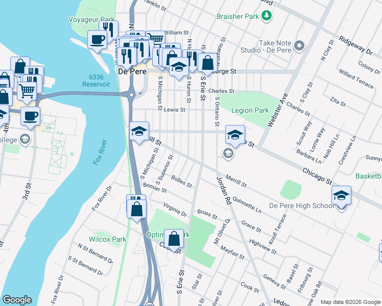 map of restaurants, bars, coffee shops, grocery stores, and more near 608 South Huron Street in De Pere