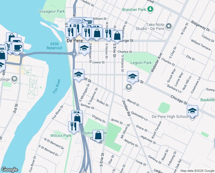 map of restaurants, bars, coffee shops, grocery stores, and more near 608 South Huron Street in De Pere