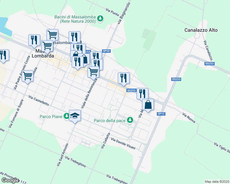 map of restaurants, bars, coffee shops, grocery stores, and more near 28C Via G. Amendola in Massa Lombarda