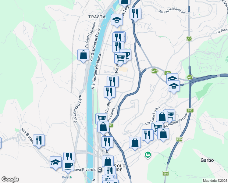 map of restaurants, bars, coffee shops, grocery stores, and more near 14 Via Rivarolo in Genova