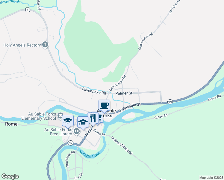 map of restaurants, bars, coffee shops, grocery stores, and more near 34 North Main Street in Au Sable Forks