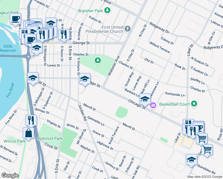 map of restaurants, bars, coffee shops, grocery stores, and more near 1462 Chicago Street in De Pere