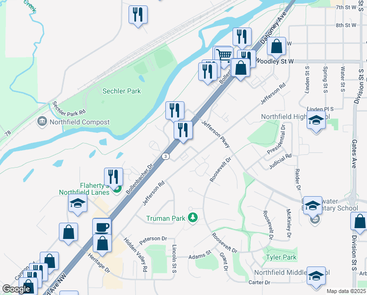 map of restaurants, bars, coffee shops, grocery stores, and more near 1500 Clinton Lane in Northfield
