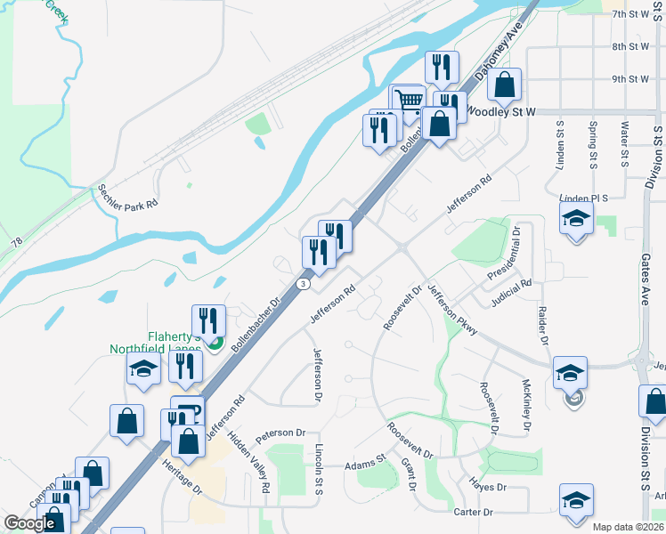 map of restaurants, bars, coffee shops, grocery stores, and more near 1500 Clinton Lane in Northfield