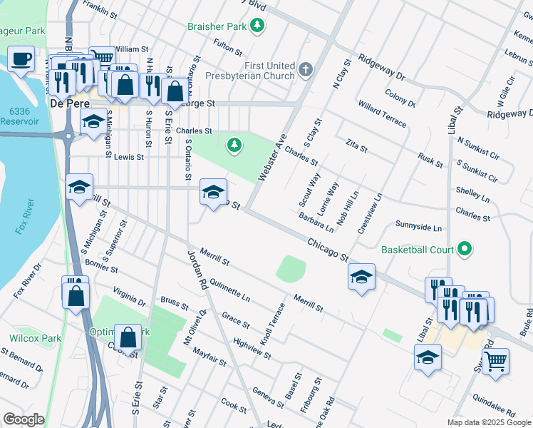 map of restaurants, bars, coffee shops, grocery stores, and more near 1462 Chicago Street in De Pere