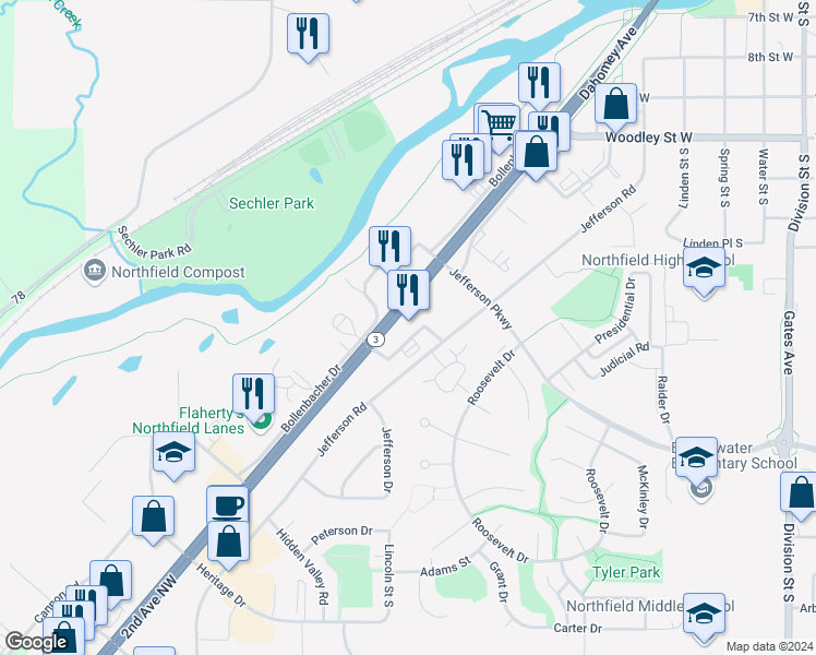 map of restaurants, bars, coffee shops, grocery stores, and more near 1500 Clinton Lane in Northfield