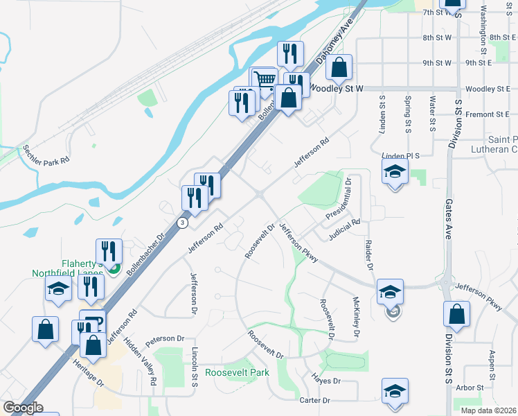 map of restaurants, bars, coffee shops, grocery stores, and more near 1548 Roosevelt Drive in Northfield